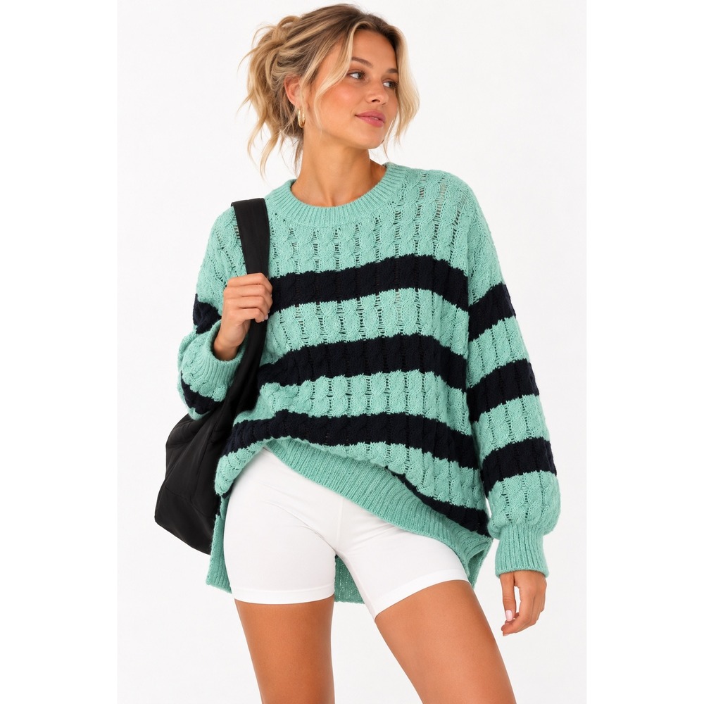 Pilcro Cable Knit Sweater Womens XXS Mint Green Navy Blue Striped High Low Hem